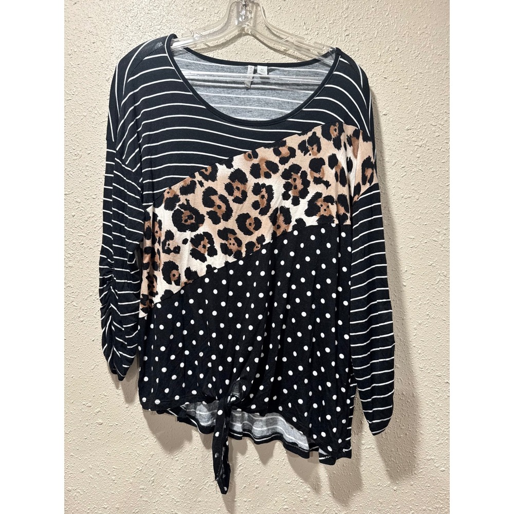 Est. 1946 Womens Mixed Print Tie Front Top Leopard Stripe Polka Dot Black Medium